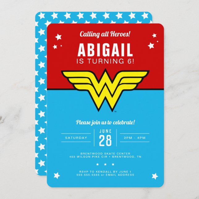 Invitation Wonder Woman - Classic Logo Stars Anniversaire (Devant / Derrière)