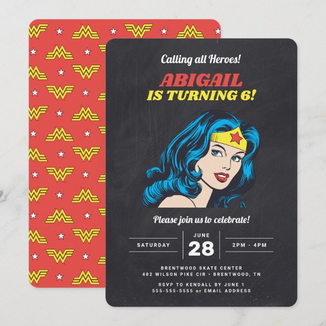 Invitation Wonder Woman Girls Chalkboard Anniversaire (Devant / Derrière)