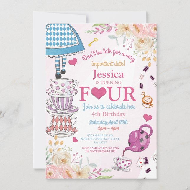 Invitation Wonderland Anniversaire 4ème Tea Party Quatre fill (Devant)