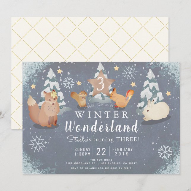 Invitation Wonderland d'hiver Bois Animaux Anniversaire (Devant / Derrière)