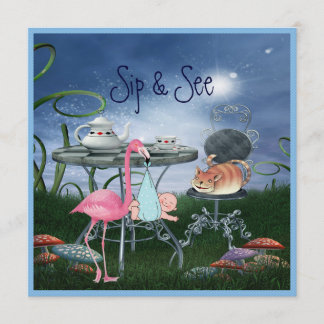 Invitation Wonderland Flamant rose Sip & See Boy Baby shower