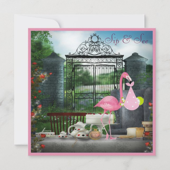 Invitation Wonderland Flamant rose Sip & See Girl Baby shower (Devant)
