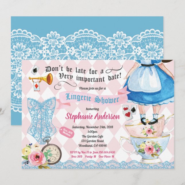 Invitation Wonderland lingerie douche nuptiale bleu rose (Devant / Derrière)