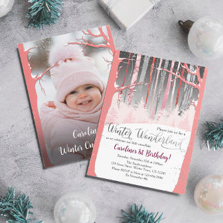 Invitation Wonderland neige arbres rose argent photo