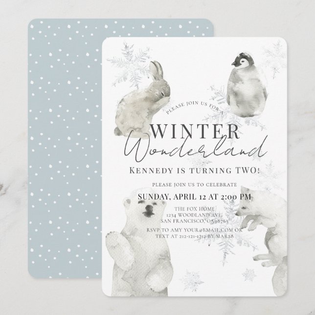 Invitation Wonderland Winter Arctic Animaux Boy Anniversaire (Devant / Derrière)