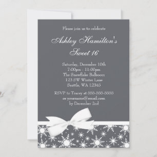 Invitation Wonderland Winter Gray Snowflake Bow Sweet 16