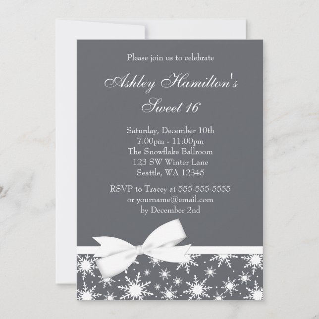 Invitation Wonderland Winter Gray Snowflake Bow Sweet 16 (Devant)