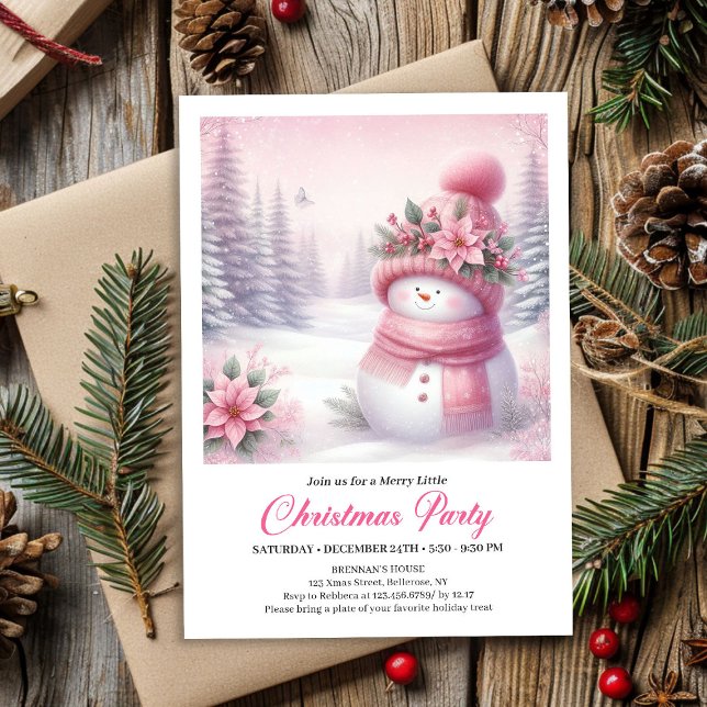 Invitation Wonderous Pink Snowman Editable Christmas Invite  (Wonderous Pink Snowman Editable Christmas Invite Download)