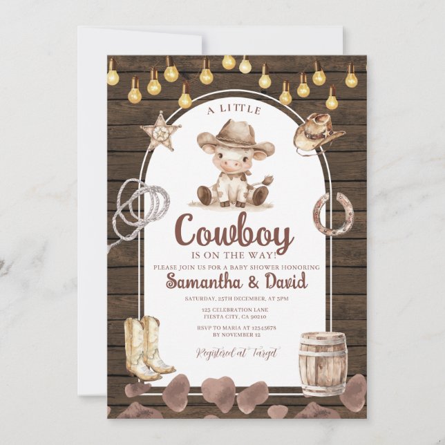 Invitation Wood Arch Cowboy is on the Way Baby Shower  (Devant)