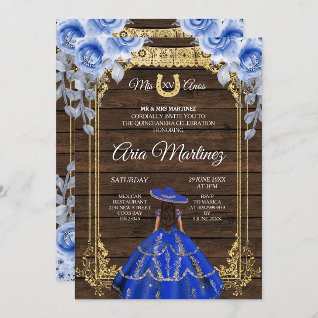 Invitation Wood Charro - Roses de la Marine Princess Mis Quin (Devant / Derrière)