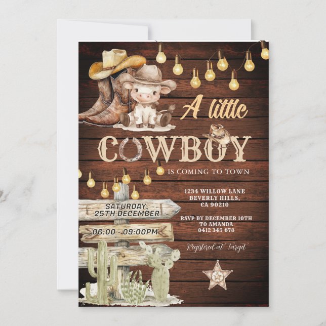 Invitation Wood Cowboy Boots & Cactus Baby Shower (Devant)