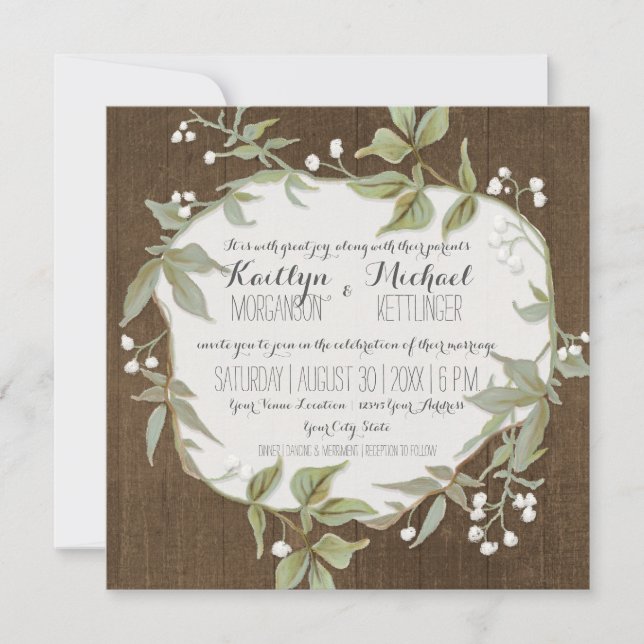 Invitation Wood Fence Laurel Feuille Wreath w Baby Breath Art (Devant)