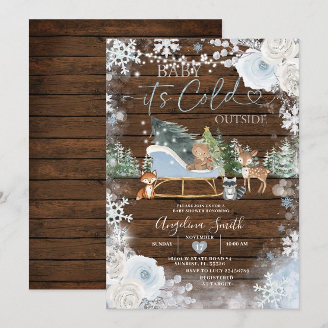 Invitation Wood Winter Pastel Blue Snowflake Baby shower (Devant / Derrière)