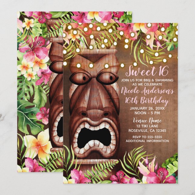 Invitation Wooden Hawaiian Tiki Luau Summer Sweet 16 Party (Devant / Derrière)