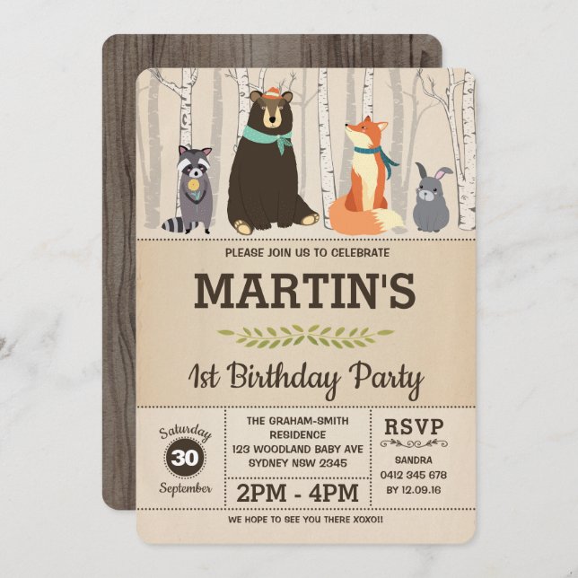 Invitation Woodland 1er anniversaire Baby Animals Forest Part (Devant / Derrière)