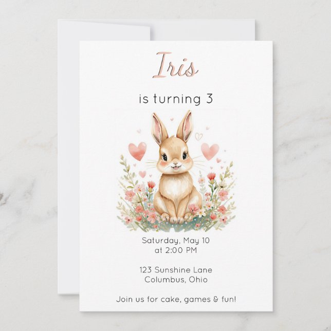 Invitation Woodland Animal Birthday Bunny Pink Hearts Floral (Devant)