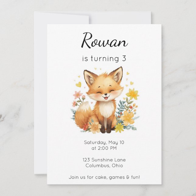Invitation Woodland Animal Birthday Fox Yellow Hearts Floral (Devant)