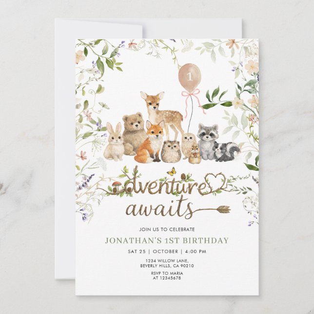 Invitation Woodland Animals 1st Birthday | Rustic Forest (Devant)