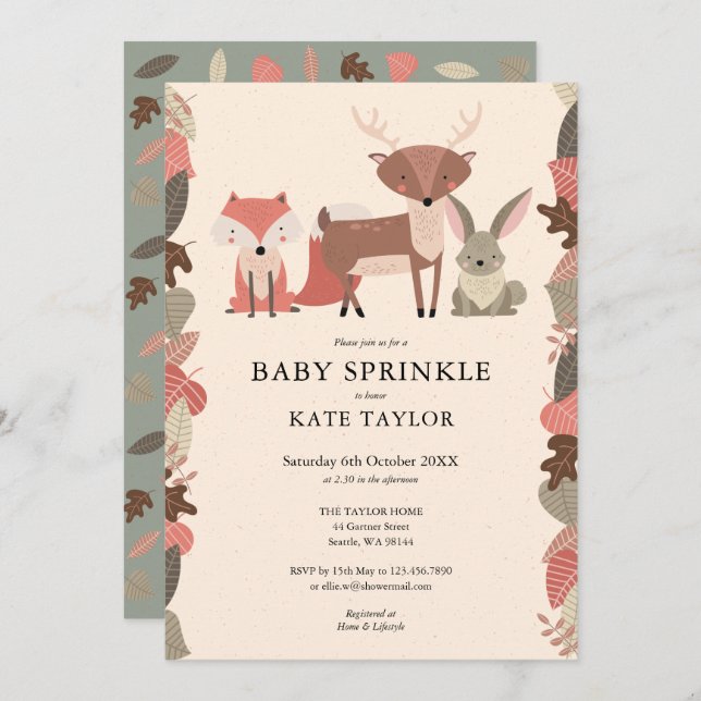 Invitation Woodland Animals Baby Sprinkle Shower (Devant / Derrière)