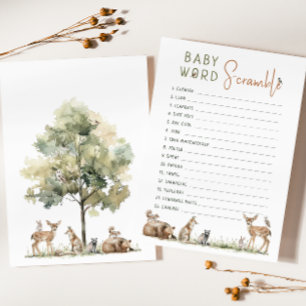 Invitation Woodland Animals Baby Word Scramble Game Card