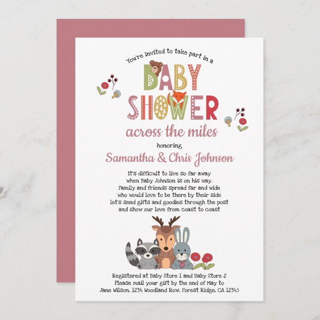 Invitation Woodland Animals Girl Baby shower par la poste (Devant / Derrière)