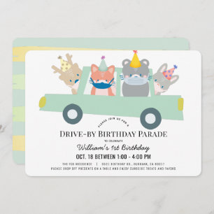 Invitation Woodland Animals Green Car à l'anniversaire