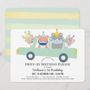 Invitation Woodland Animals Green Voiture à l'anniversaire