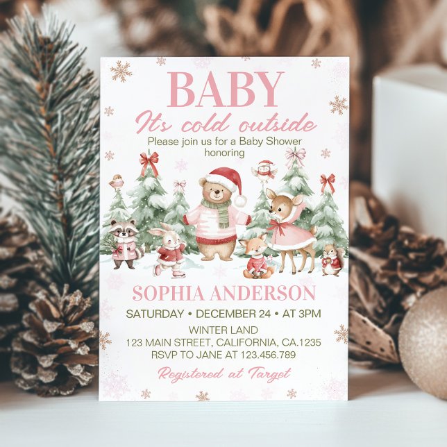 Invitation Woodland Animals Pink Christmas Winter Baby Shower (Créateur téléchargé)