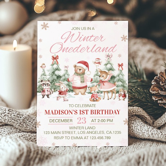 Invitation Woodland Animals Pink Winter Onederland Birthday (Créateur téléchargé)