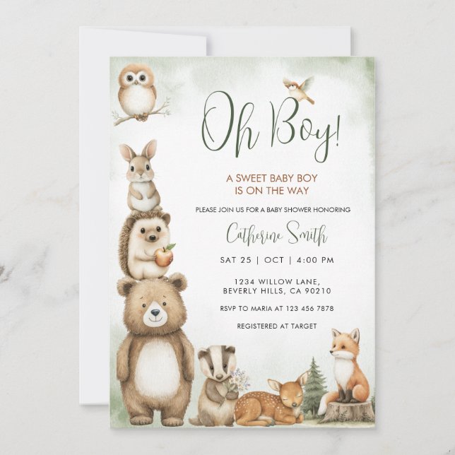 Invitation  Woodland Animals Sweet Baby Boy Baby Shower (Devant)