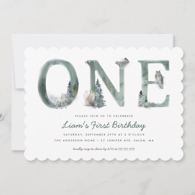 Invitation Woodland Animals Watercolor 1er anniversaire (Devant)