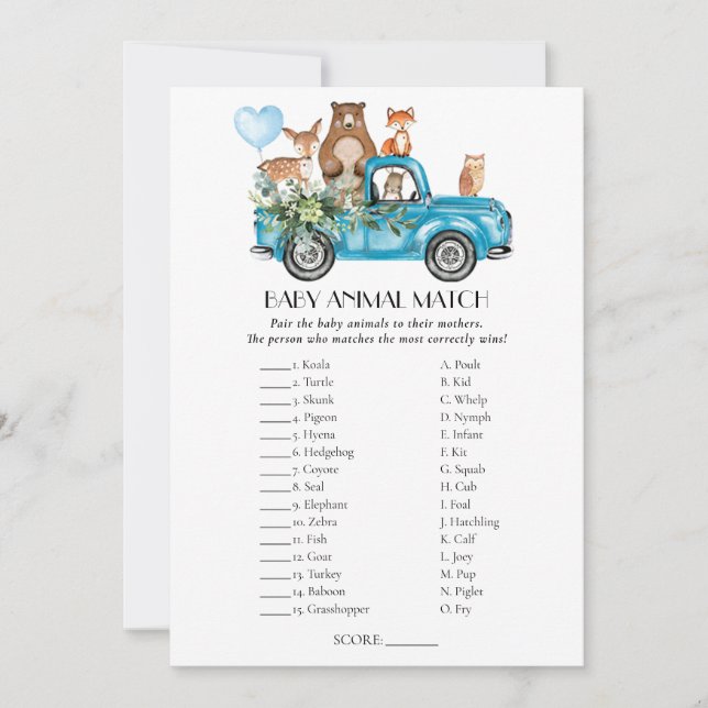 Invitation Woodland Animaux Blue Truck Match Card (Devant)