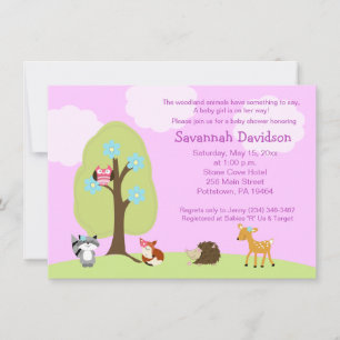 Invitation Woodland Animaux Fille Lavande Baby shower