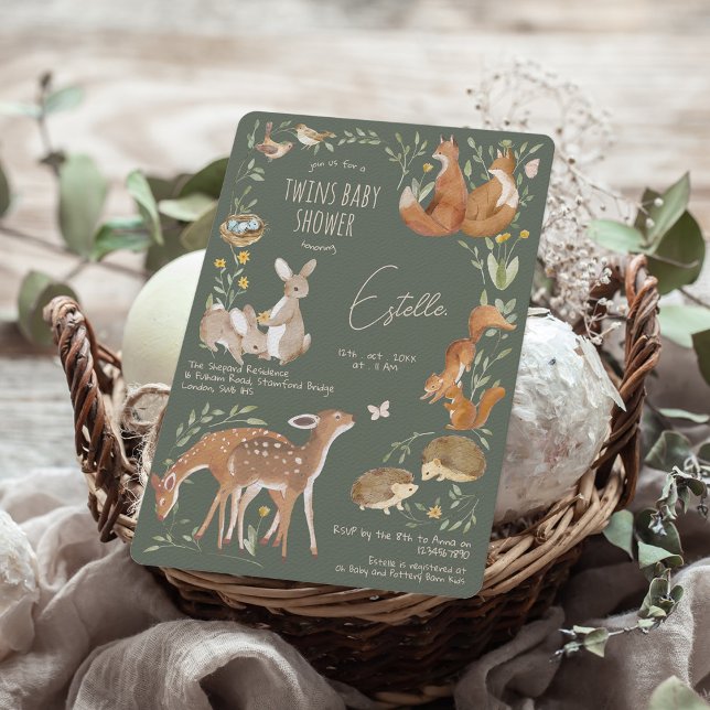 Invitation Woodland Animaux Forêt Amis Jumeaux Baby shower (Créateur téléchargé)