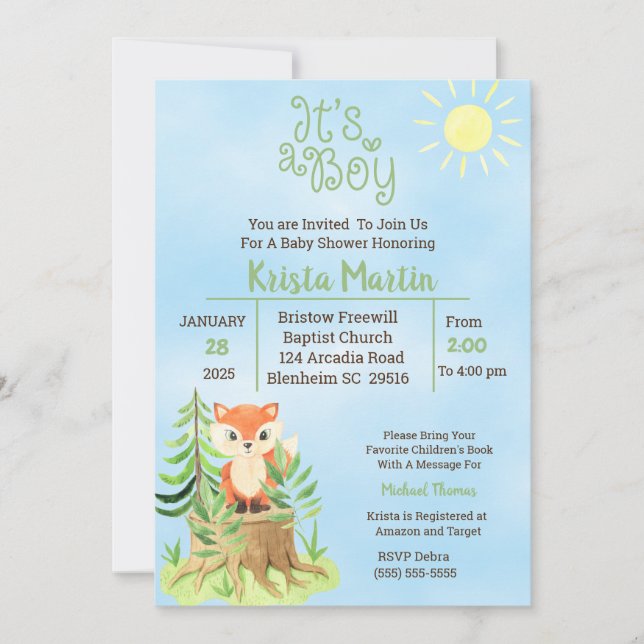 Invitation Woodland apporte un Baby shower de livre (Devant)