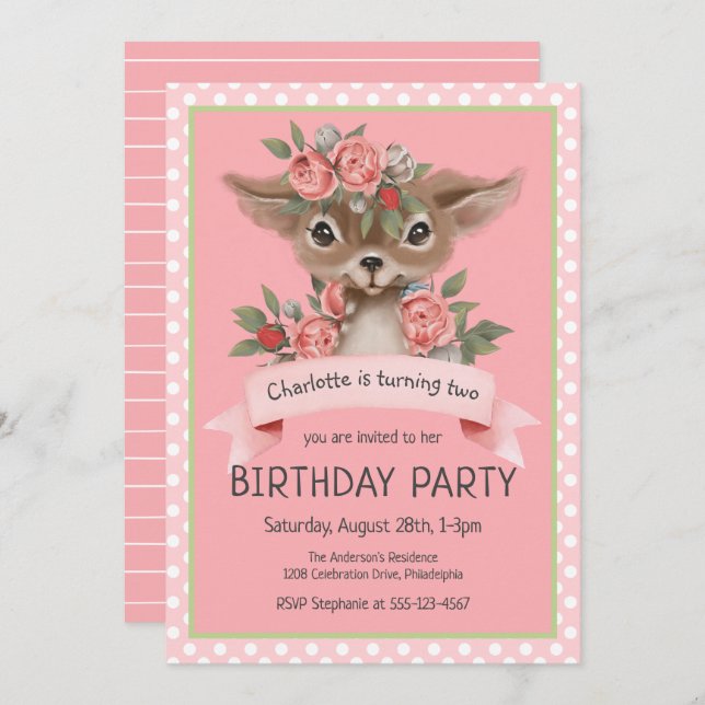 Invitation Woodland Baby Deer Pink Girl's Birthday Party (Devant / Derrière)