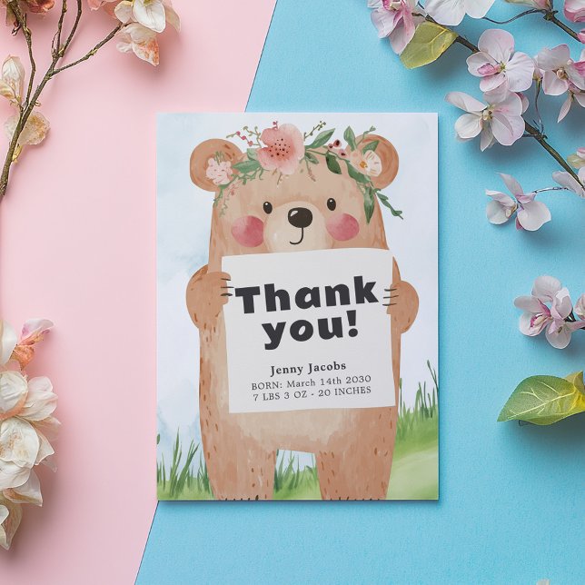 Invitation Woodland Bear Baby girl Shower Gratitude merci (Cute baby girl bear holding a "Thank you" sign illustration on a grassy hill with baby details)