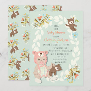 Invitation Woodland Bear casquette bébé fille de douche invit