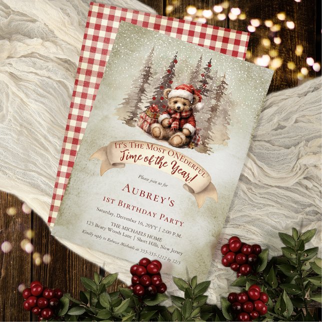 Invitation Woodland Bear ONE derful Holiday 1er Birthday Part (Woodland Bear "Most ONEderful Time of the Year!" 1st Birthday Party Invitation)