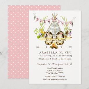 Invitation Woodland BOHO Teepee Hedgehogs Baby shower fille 