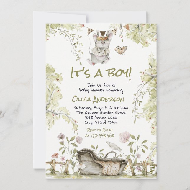 Invitation Woodland Boy Wild Forest Animals Baby Shower  (Devant)