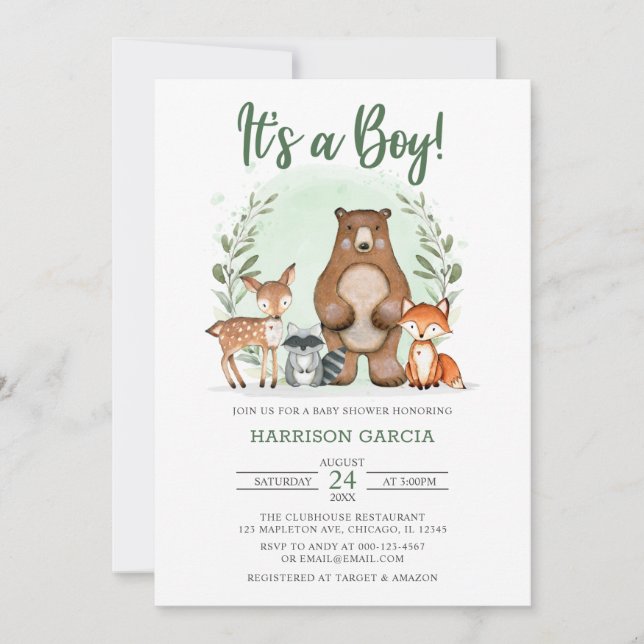 Invitation Woodland C'est un garçon forêt amis baby shower In (Devant)