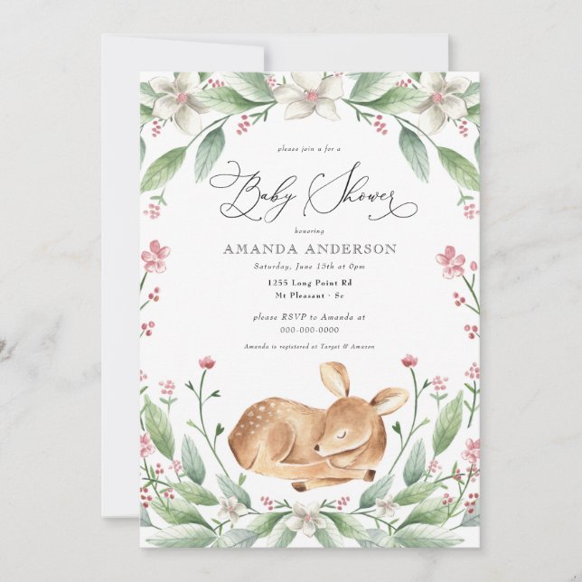 Invitation Woodland Chère fille Verdure Baby shower rose (Devant)