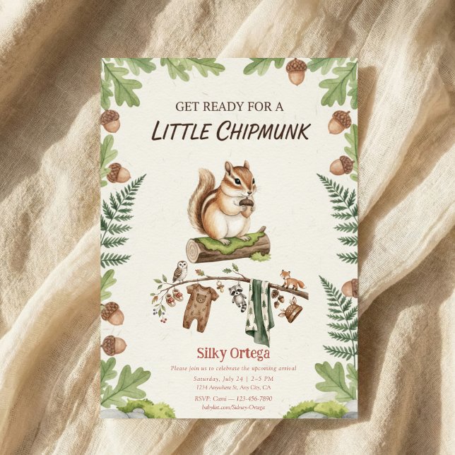 Invitation Woodland chipmunk Greenery baby shower (Créateur téléchargé)