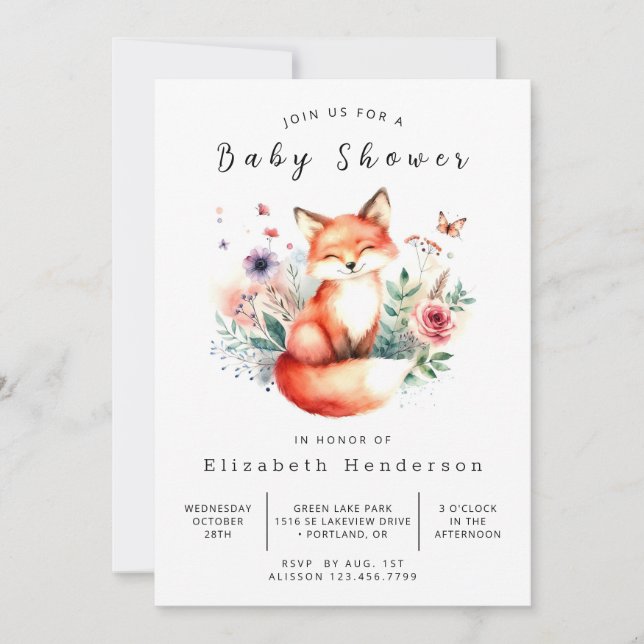 Invitation Woodland Creatures Art Fox Baby shower (Devant)