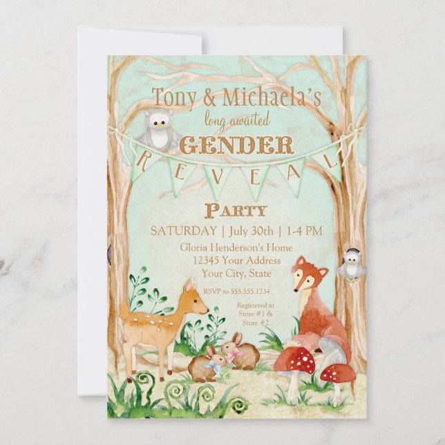Invitation Woodland Creatures Gender Reveal Deer Fox Owl (Devant)