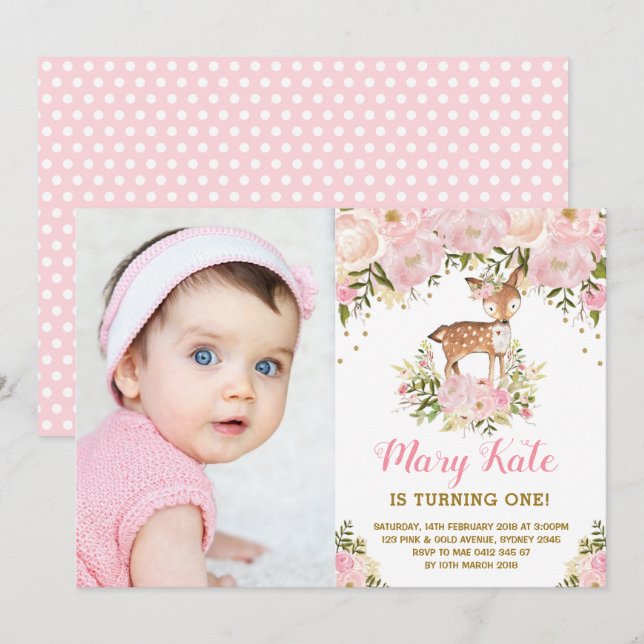 Invitation Woodland Deer 1er anniversaire Pink Gold Pastel Fl (Devant / Derrière)