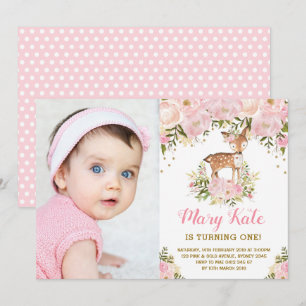 Invitation Woodland Deer 1er anniversaire Pink Gold Pastel Fl