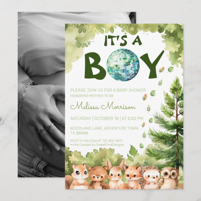 Invitation Woodland Disco C'est un garçon bébé garçon douche  (Devant / Derrière)