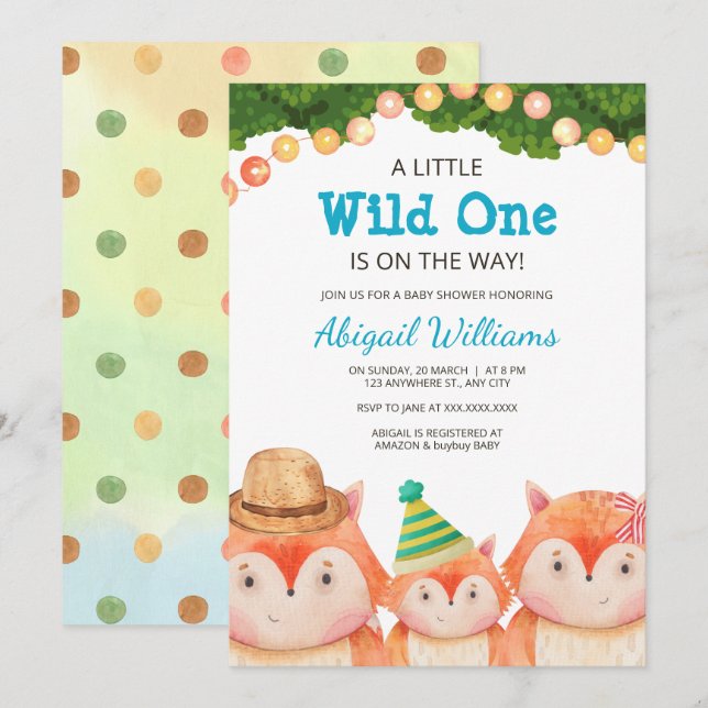 Invitation Woodland Family Fox Baby shower Wild One (Devant / Derrière)
